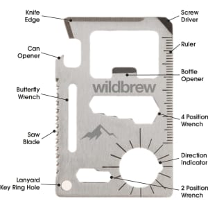 A metallic multi-tool featuring a knife edge, screwdriver, ruler, can opener, and bottle opener. It includes a lanyard hole and branding.