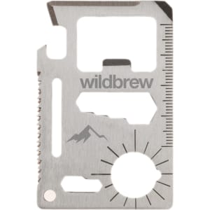 A stainless steel multi-tool card featuring various functions and a mountain logo, in a sleek design.