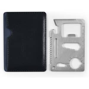 A black pouch containing a silver multi-tool, designed with various functions and measurements.