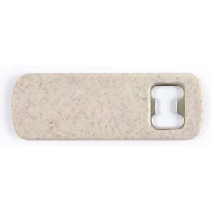 A drink bottle opener in a speckled beige color with a metal opener section and a logo.