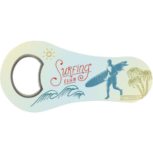 A drink bottle opener featuring a colorful design with "Surfing Club" text, an illustration of a surfer, and palm trees.