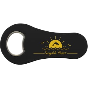 A drink bottle opener with a black rubber grip featuring a yellow graphic of a sunset and the text "Sunnydale Resort."