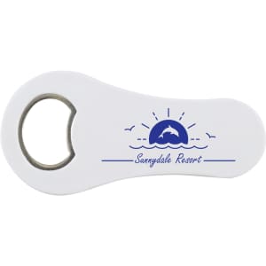 A drink bottle opener with a sleek white design featuring a blue sunset graphic and the text "Sunnydale Resort."