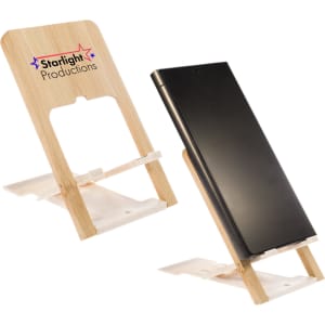 A bamboo phone stand in natural colour, designed to hold a smartphone, featuring a logo.