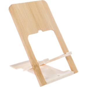 A bamboo phone stand designed for stability and style, featuring a minimalist design and light color scheme.