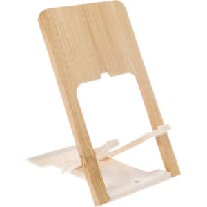 A wooden phone stand with a sleek design, featuring a cutout for the device and a sturdy base for support.
