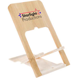 A bamboo phone stand with a white base, featuring a logo on the front.