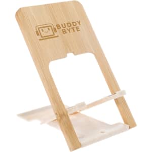 A bamboo phone stand with a cut-out for resting a phone and a logo that reads "BUDDY BYTE."