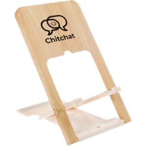 A bamboo phone stand with a minimalist design featuring the logo "Chitchat."
