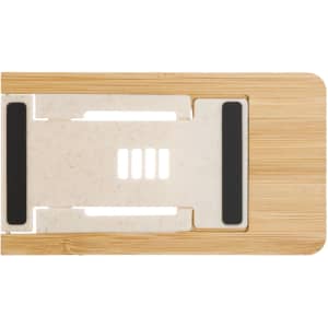 A phone stand made of bamboo, featuring a sleek design with white and black accents.