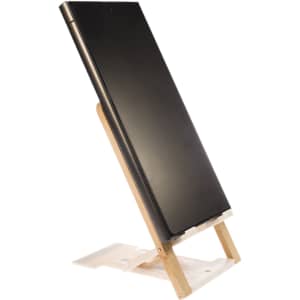 A black phone stand made of wood, featuring a simple design with a triangular base for support.