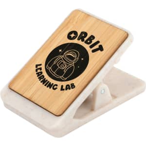 A bamboo magnetic clip with a white base, featuring a graphic of a space-themed design and branding.