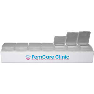 A weekly pill box with a white base and clear compartments, featuring a logo on the front.