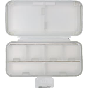 A white compact pill organizer with multiple compartments, featuring a hinged lid and a clean, minimalist design.