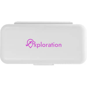 A compact white pill organiser featuring a purple logo.