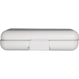 A compact, white pill organizer with a secure clasp, designed for storing medication.