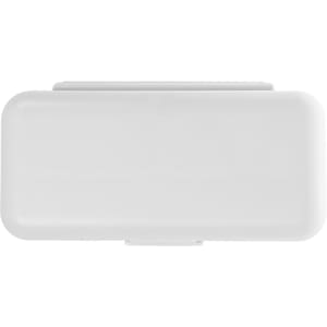 A compact white pill organizer with a secure clasp, designed for easy storage of medication.