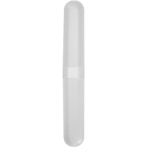 A bamboo toothbrush in a sleek, transparent case. The brush features a bamboo handle and soft bristles.