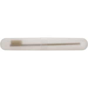 A bamboo toothbrush in a protective case. The toothbrush features a wooden handle and soft bristles.