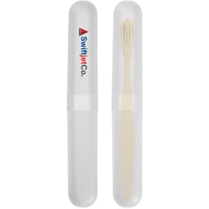 A clear toothbrush case with a bamboo toothbrush inside, featuring a logo on the exterior.