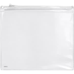 A clear pencil case with a zip closure, featuring a transparent design and a logo in the bottom corner.
