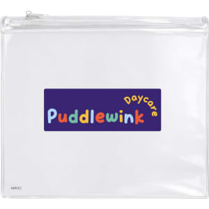 A clear pencil case featuring a bright, multicoloured logo for "Puddlewink Daycare."