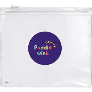 A clear pencil case with a circular logo in purple, featuring colourful text for "Puddle Winkle Daycare."