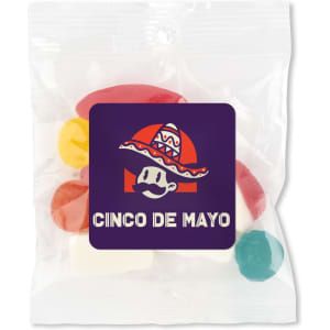 A clear bag containing assorted jelly candies in red, yellow, white, and green, featuring colorful packaging.