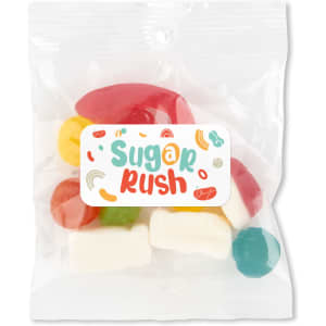 A cello bag filled with assorted jelly candies in various colors, including red, yellow, green, and blue.