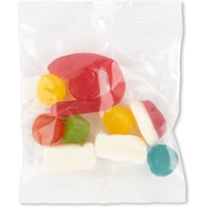 A clear cello bag containing assorted jelly candies in various colors, including red, yellow, green, blue, and white.