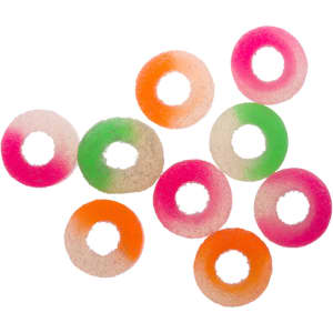 Assorted gummy fruit rings in vibrant colors including pink, green, orange, and clear, shaped like doughnuts.