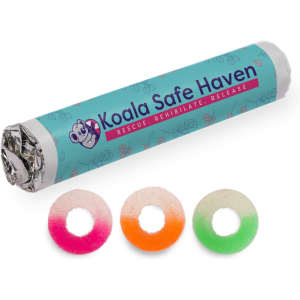 Assorted fruit-flavoured gummy rings in pink, orange, and green, packaged in a cylindrical wrapper with a logo.