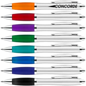A collection of metal pens in various colours including orange, red, purple, green, blue, and black, featuring a logo.