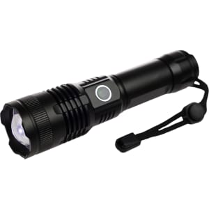 A rechargeable torch with a sleek black design, featuring a push-button and an attached strap for convenience.