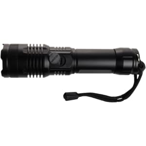 A rechargeable torch with a sleek black design and a textured grip, featuring a power button and a wrist strap.