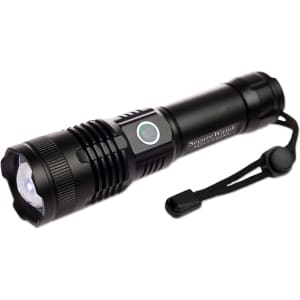 A black rechargeable torch featuring a round head, a side button, and a wrist strap for convenience.