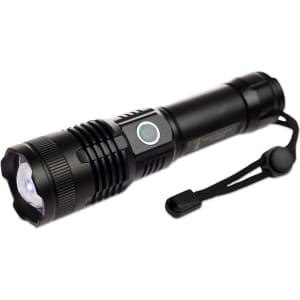 A sleek black rechargeable torch with a bright LED light and a wrist strap.