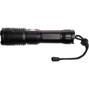 A rechargeable torch featuring a sleek black design, a textured grip, and a convenient lanyard.