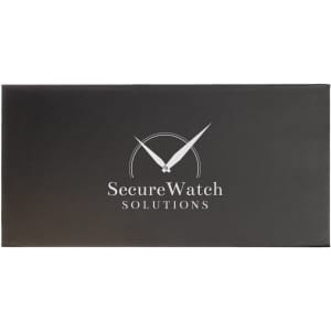 A rectangular black box featuring a clock graphic and a logo with the text "SecureWatch Solutions."