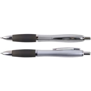 A metal pen set in silver, featuring black rubber grips and a sleek design, with a logo on each pen.