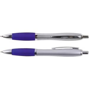 A collection of two metal pens with silver bodies and purple grips, featuring a logo on one pen.