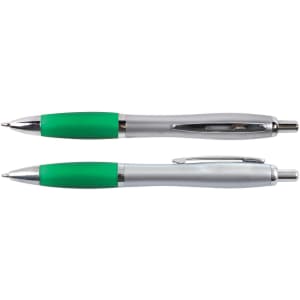 Two metal pens are displayed, featuring green grips and silver bodies. Each pen has a clip for convenience.