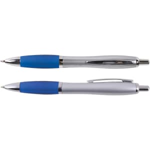 Two metal pens with blue accents and silver finishes are displayed, featuring a sleek design and a comfortable grip.