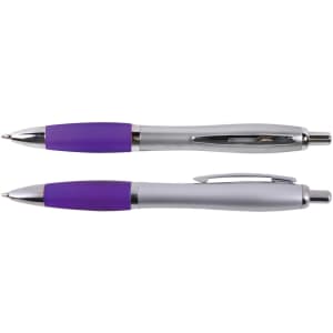 A metal pen featuring a sleek silver body with a purple grip and accents, available in two variations.