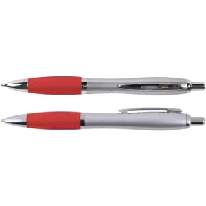 A metal pen set featuring a silver body and red accents, with one pen capped and the other with a clip.
