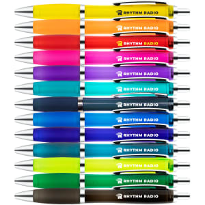 A collection of transparent plastic pens in various bright colours, featuring a logo on each pen.