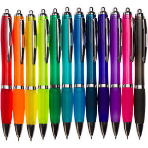 A set of plastic pens in various colors, including orange, yellow, green, blue, and purple, all with silver accents.