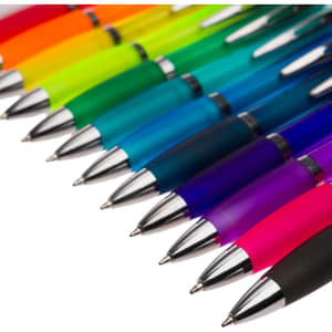 A variety of transparent pens in bright colors, including green, blue, purple, and pink, with silver accents.
