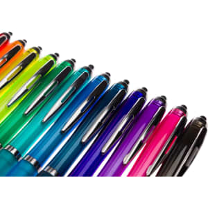 A lineup of transparent plastic pens in various vibrant colors, each with a black clip and tip, featuring a logo.