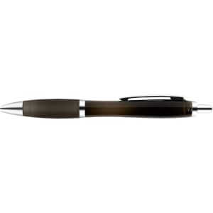 A transparent plastic pen with a sleek design and silver accents.